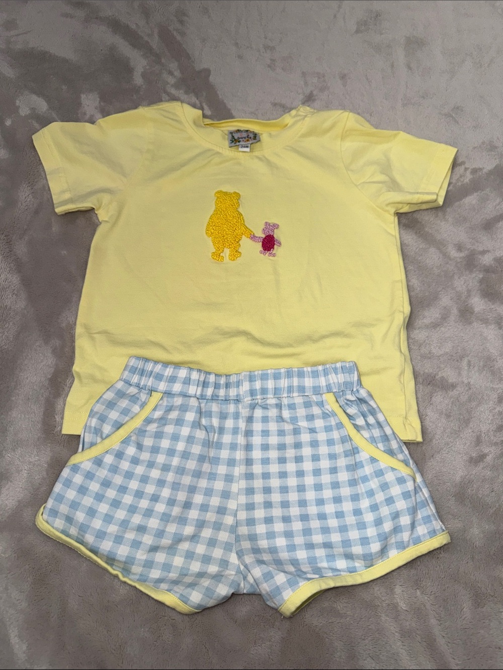 Yellow Winnie-the-Pooh Short Pajama Set with Light Blue Gingham Shorts - Kids